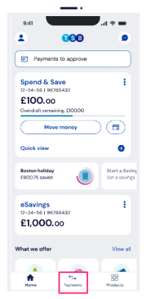 TSB app on mobile phone with 'Payments' button highlighted.