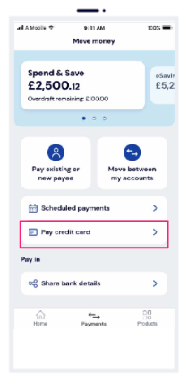 TSB app on mobile phone with 'Pay credit card' button highlighted.