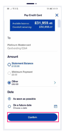 TSB app on mobile phone with 'Confirm' button highlighted.