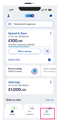 TSB app on mobile phone with 'Products' button highlighted.