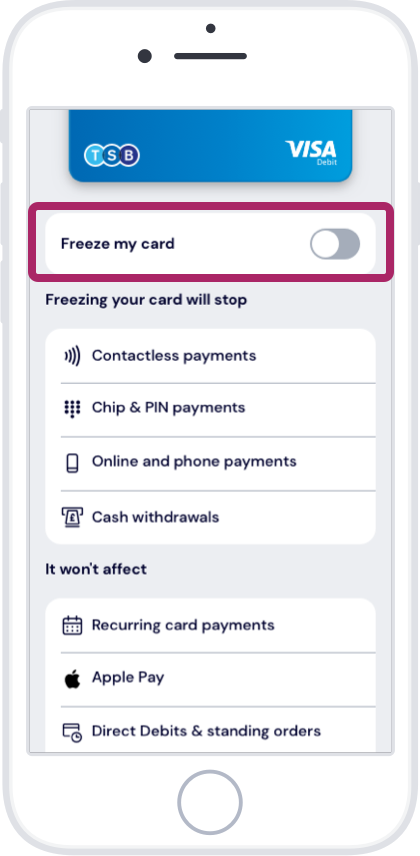 Toggle the ‘Freeze my card’ button.