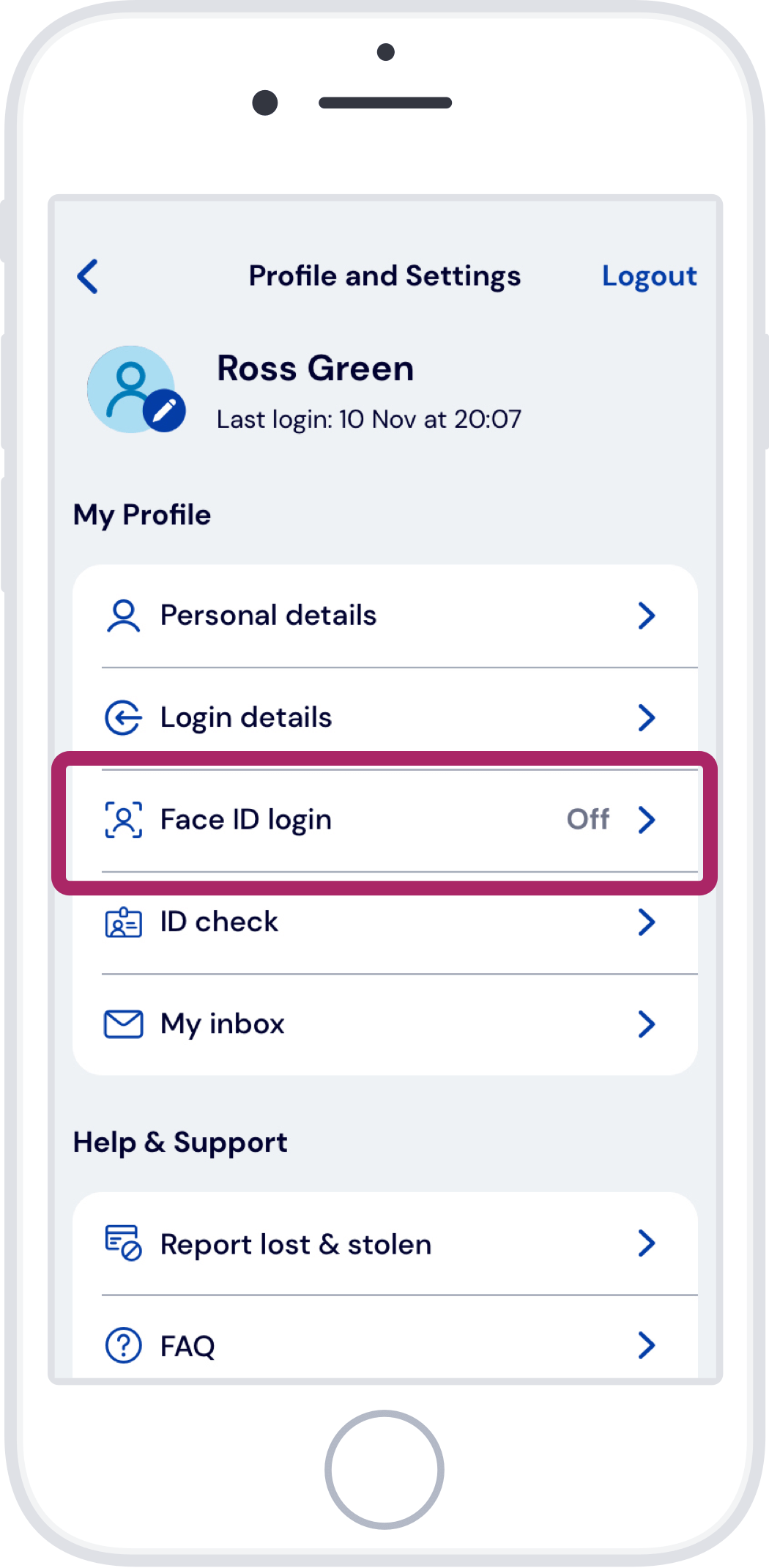 Tap Face ID login.