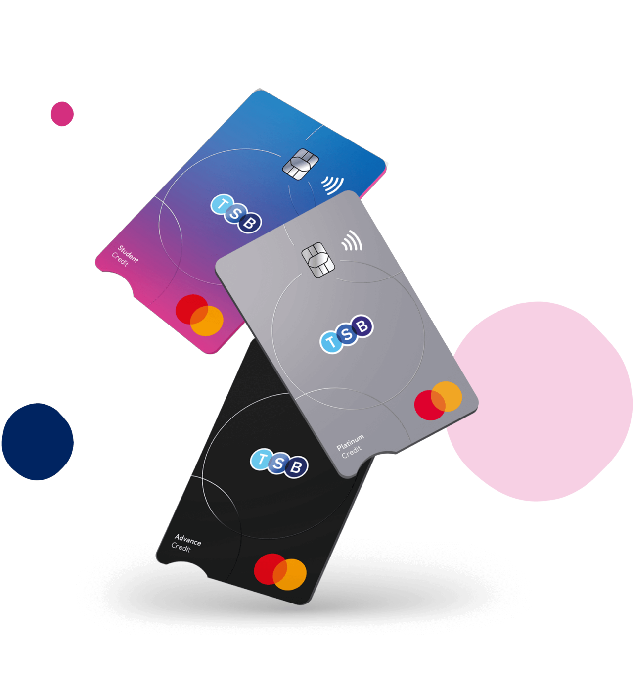 Three illustrated TSB credit cards.