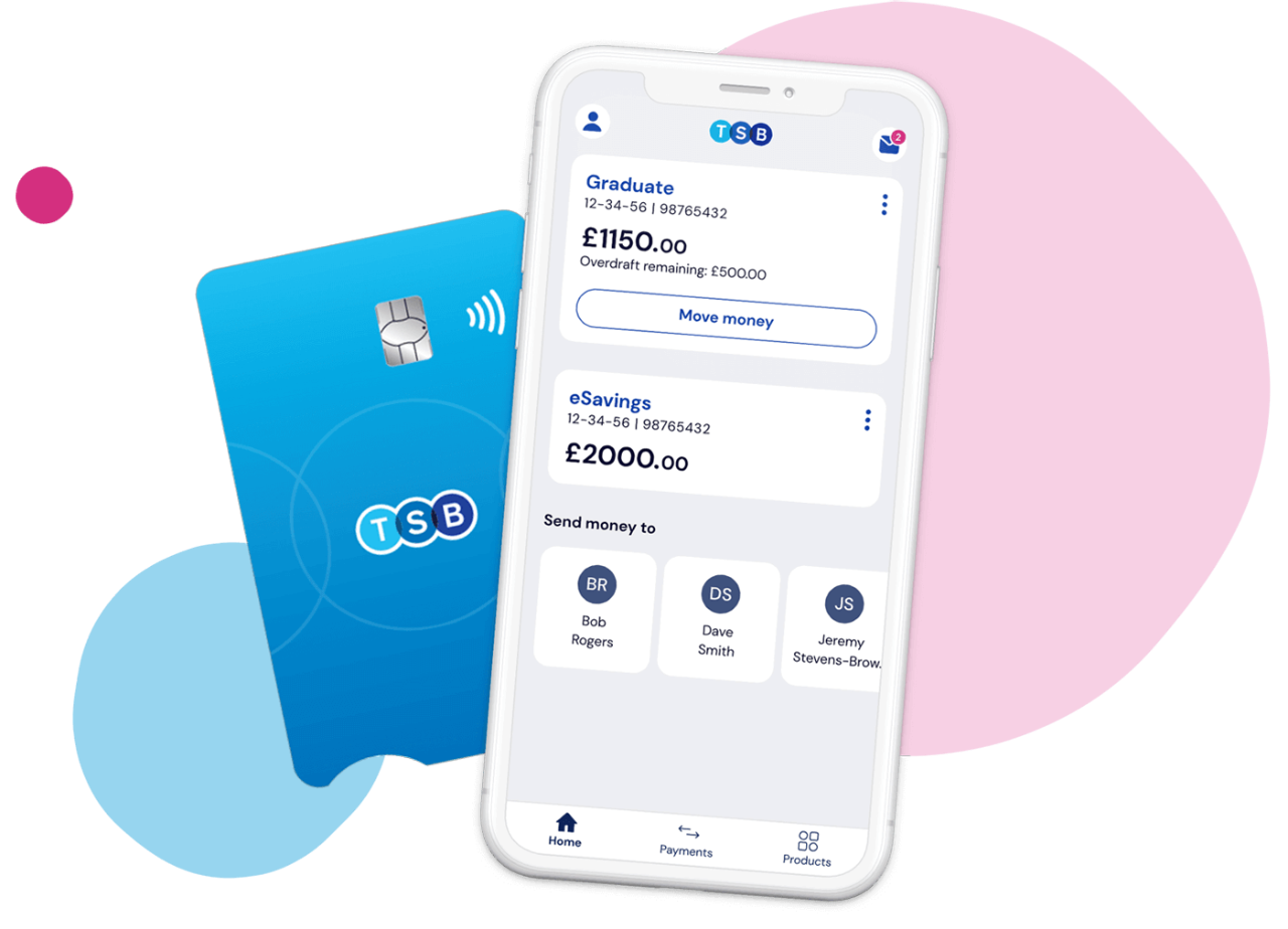 White smartphone displaying TSB banking app with Graduate and eSavings accounts