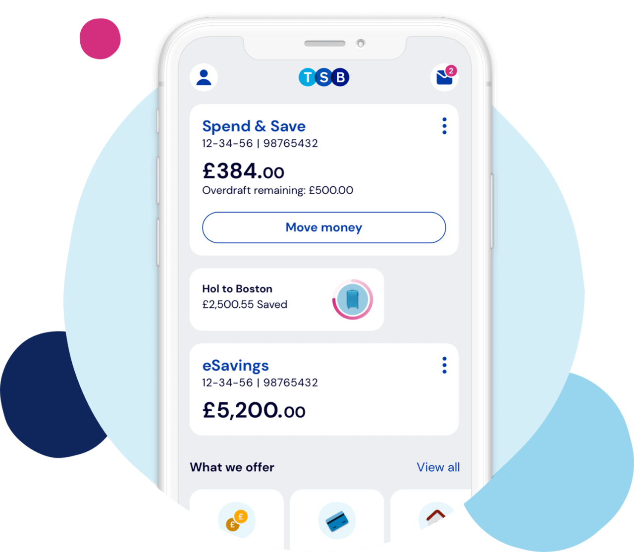 Smartphone displaying TSB Banking App with Spend & Save and eSavings accounts.