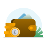 Illustrated brown wallet with a stack of coins