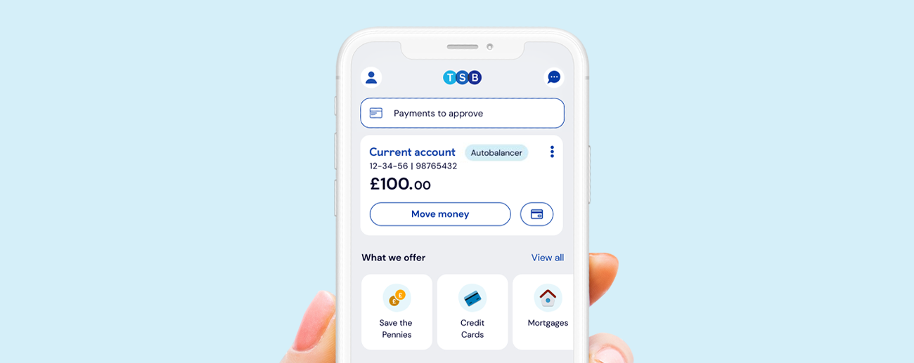 Mobile phone screen showing the TSB Mobile Banking App.