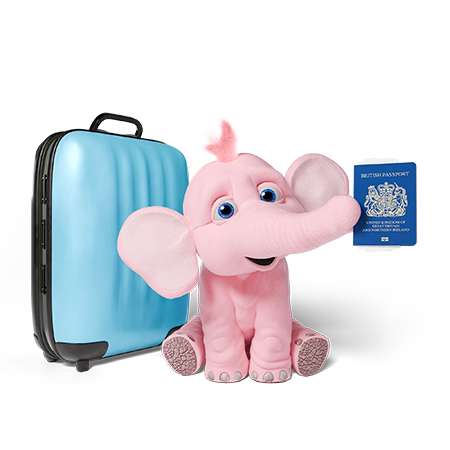 Tiny the elephant with suitcase and passport