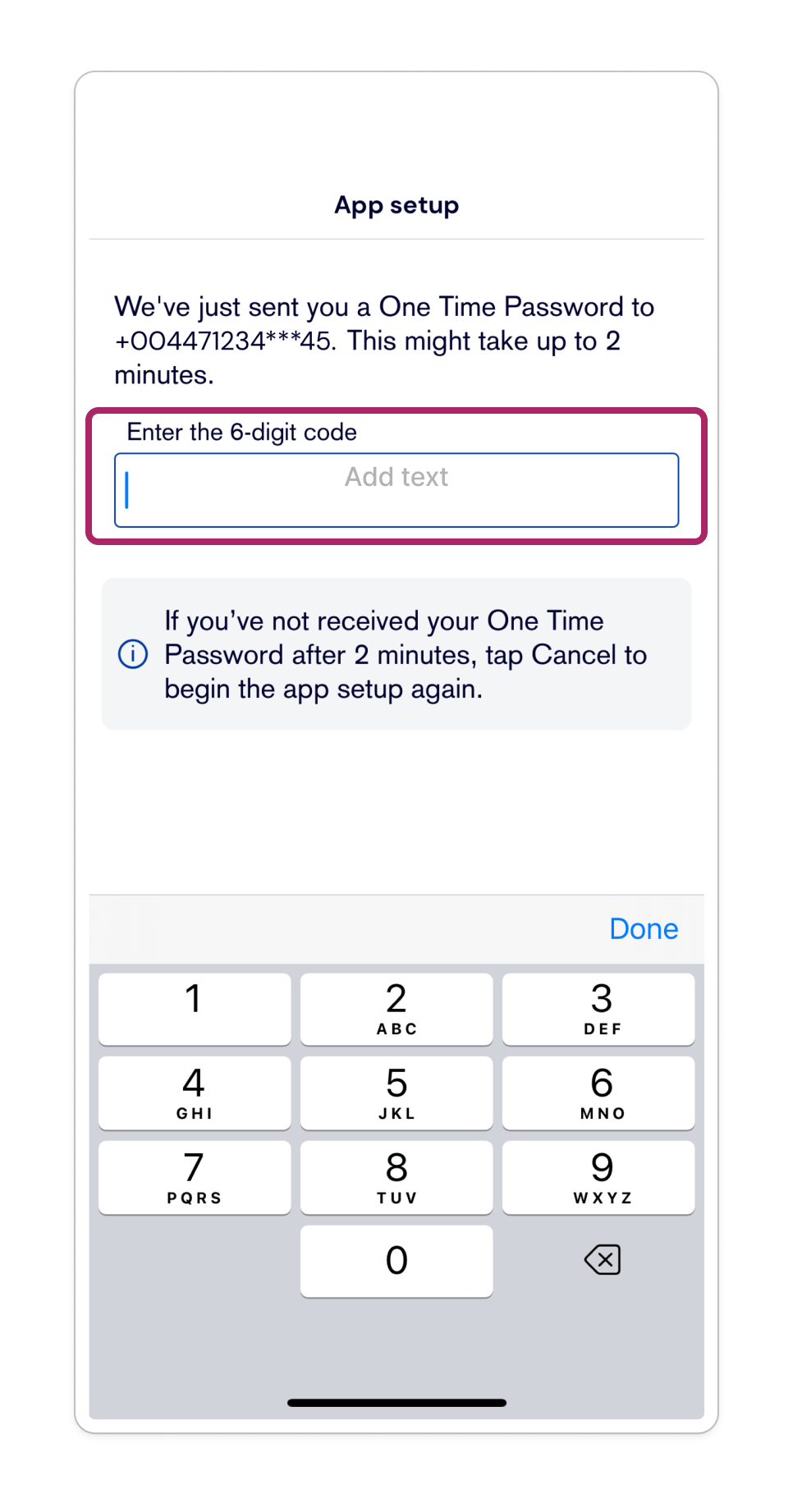 Enter the 6-digit code to complete the app setup.