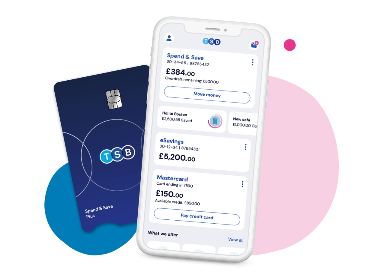 Mobile phone with TSB app and a Spend & Save card.