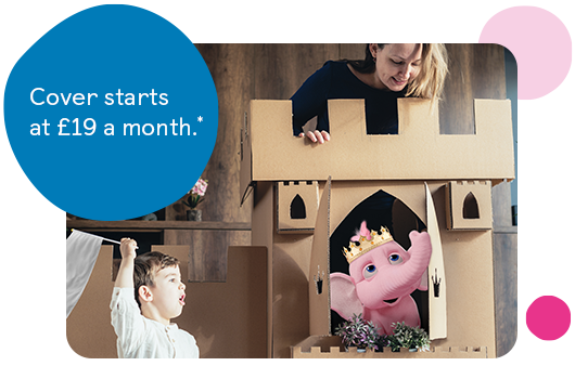 Tiny the elephant in a cardboard castle with two children. Cover starts at £19 a month.*
